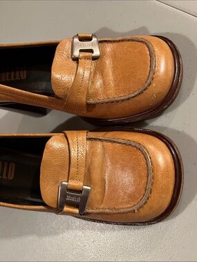 Women’s Tan Leather Heeled Loafers with Silver Buckle